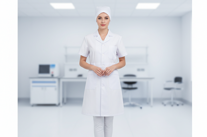 White Women’s Nurse Costume Set – Medical Lab Coat Dress with Cap and Pantyhose Halloween Cosplay Outfit