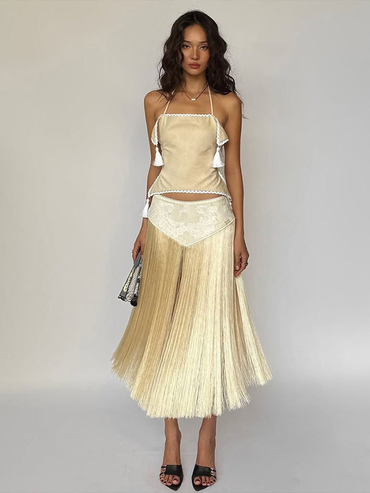 Kliou Halter Crop Top and Maxi Skirt Set – Sexy Backless Bandage Outfit with Tassel Details for Elegant Party Styling