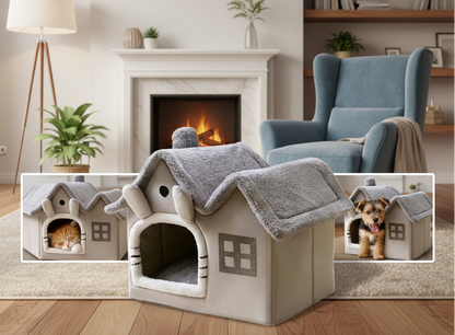 Foldable Double-Roof Dog House – Warm Small Pet Kennel with Bed Mat for Puppies and Cats, Cozy Winter Indoor Rest