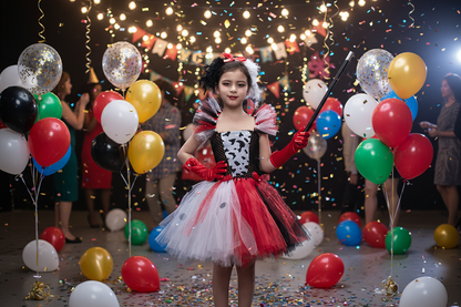 Cruella-Inspired Girls Tutu Dress – Black and White Villain Halloween Costume with Dalmatian Style for Kids, Fancy Dress and Cosplay Parties