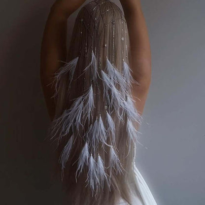 Bohemian Feather Hair Chain – Handmade Bridal Hairpiece for Weddings, Festivals and Special Events with Romantic Statement Styling and Elegant Detail