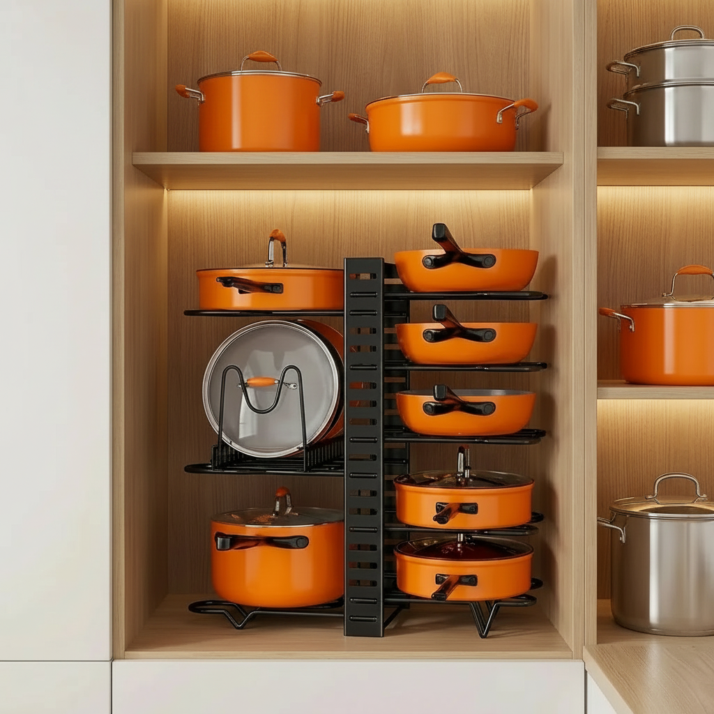 Space Saving Pot Rack Organizer - 8-Tier Metal Kitchen Storage Holder for Pots Pans Lids, Durable Home Organization Solution