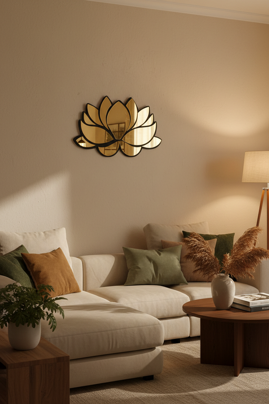 Acrylic Lotus Wall Mirror - Modern Decorative Hanging Mirror with Wooden Frame, Stylish Home Decor for Living Room Bedroom