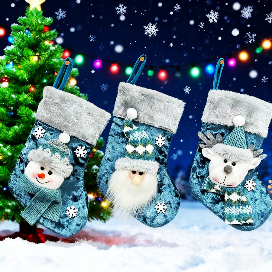 Blue Christmas Socks Party Set – Reindeer, Santa & Snowman Doll Gift Bags for Holiday Parties, Xmas Decorations, Festive Supplies & New Year Gifts