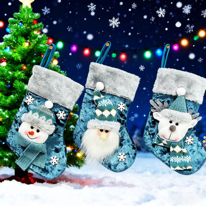 Blue Christmas Socks Party Set – Reindeer, Santa & Snowman Doll Gift Bags for Holiday Parties, Xmas Decorations, Festive Supplies & New Year Gifts