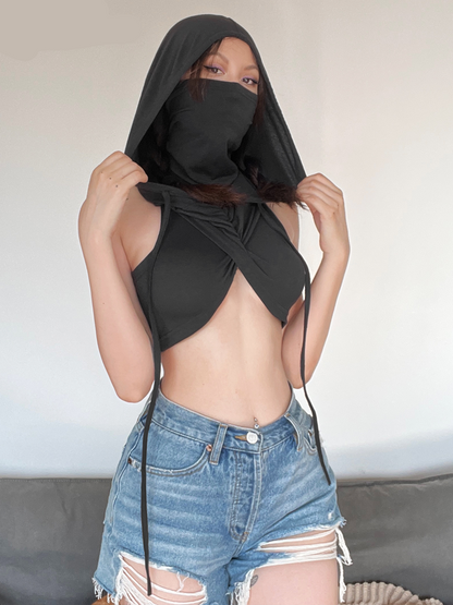 Sylcue Mysterious Grey Hooded Vest – Sexy High Street Fashion Sleeveless Top for Summer Travel and Personality Driven All-Match Casual Women’S Wear