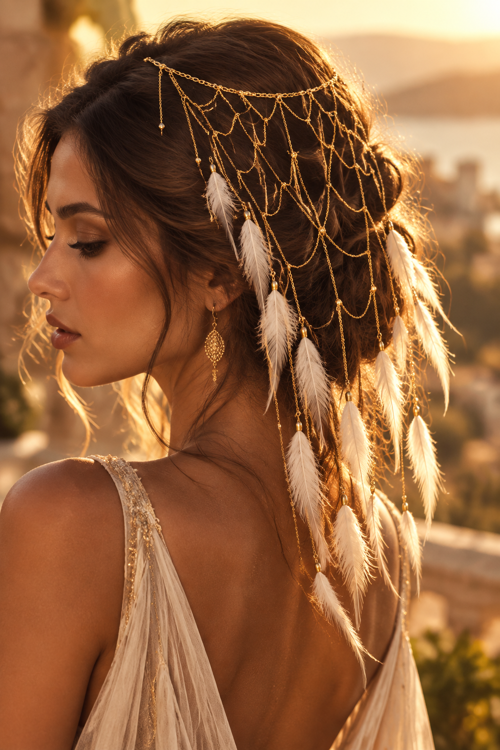Bohemian Feather Hair Chain – Handmade Bridal Hairpiece for Weddings, Festivals and Special Events with Romantic Statement Styling and Elegant Detail