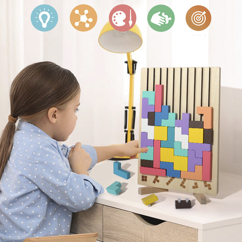 Wooden Russian Block Puzzle - Montessori Brain Teaser Tangram Toy for Logic Development and Educational Play
