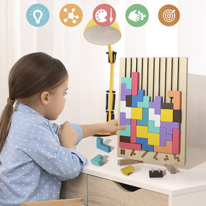 Wooden Russian Block Puzzle - Montessori Brain Teaser Tangram Toy for Logic Development and Educational Play