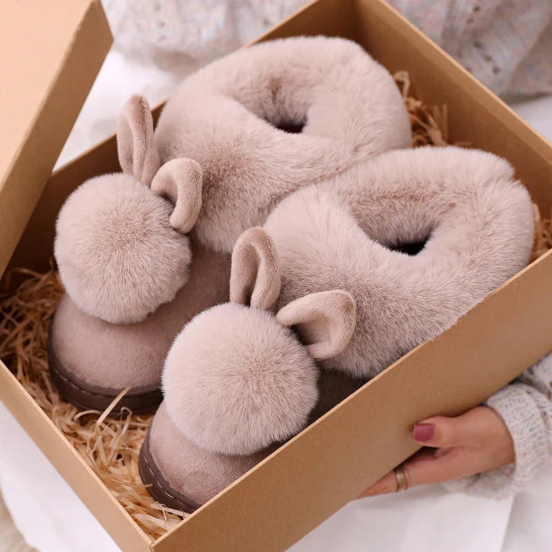 Women’s Winter Furry Rabbit Ear Home Boots – Warm Indoor Flat-Heel Slippers for Bedroom Comfort, Cozy Ankle Fur Footwear for Cold Seasons
