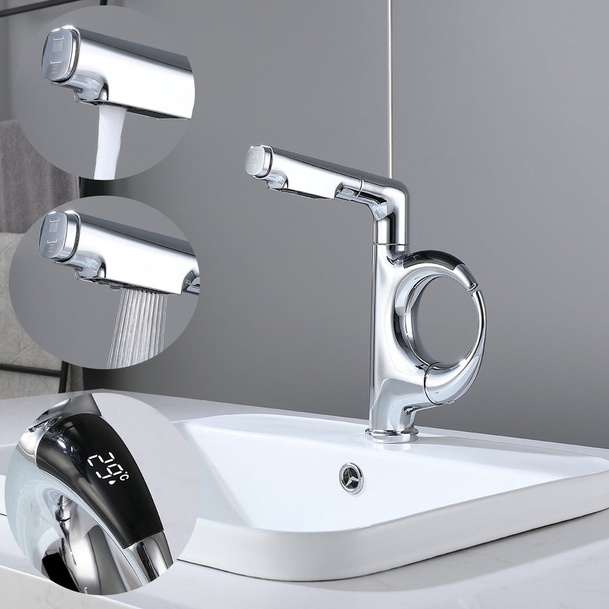 LED Temperature Display Kitchen Faucet – Mechanical Arm Mixer with Pull-Out Sprayer, Adjustable Height and Dual Water Modes for Modern Sinks