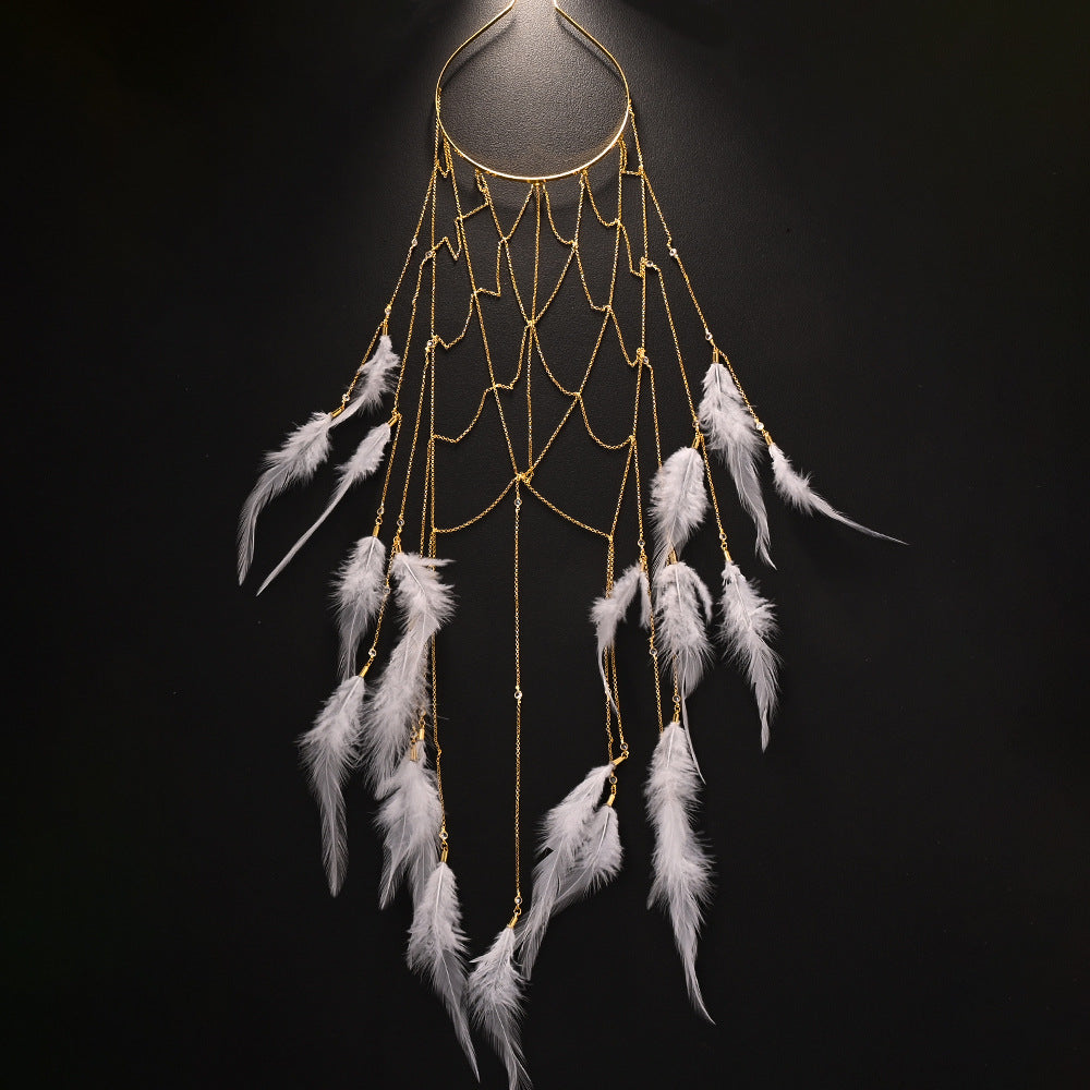 Bohemian Feather Hair Chain – Handmade Bridal Hairpiece for Weddings, Festivals and Special Events with Romantic Statement Styling and Elegant Detail