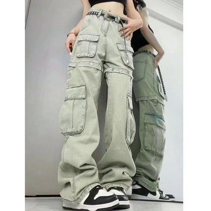 Gothic High-Waist Straight Jeans – Retro American Detachable Design Denim Pants for Women’s Streetwear Fashion