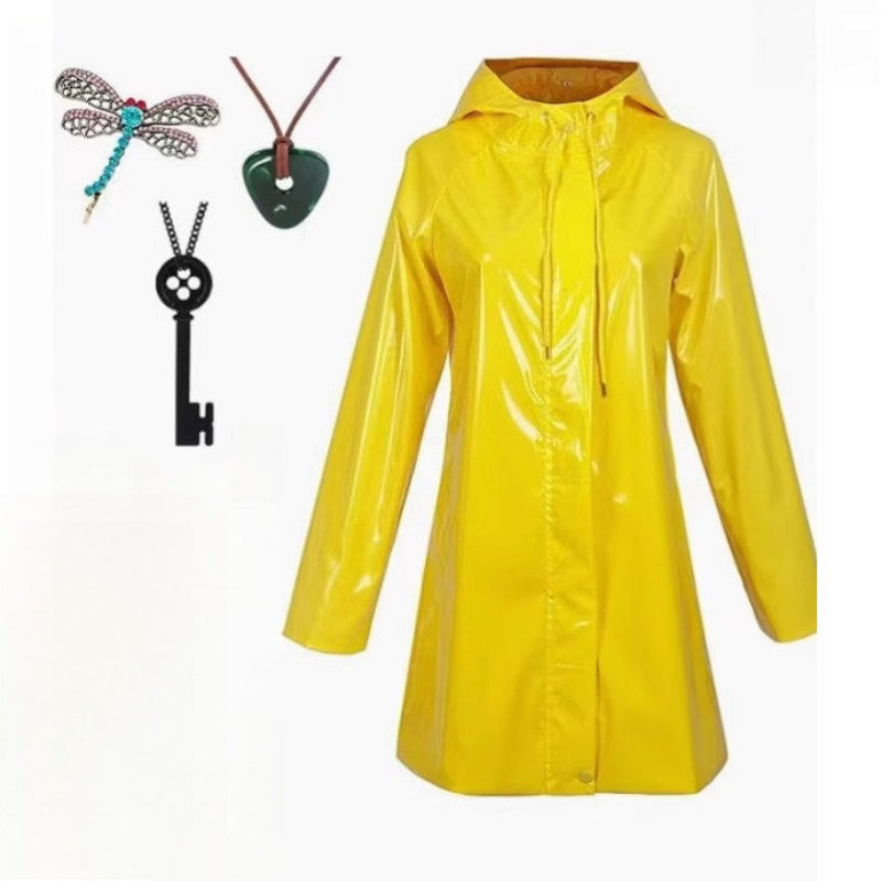 Coraline Yellow Raincoat Cosplay Costume- Wybie Inspired Halloween Trench Coat Outfit for Anime Convention Party Dress Up and Cosplay Events