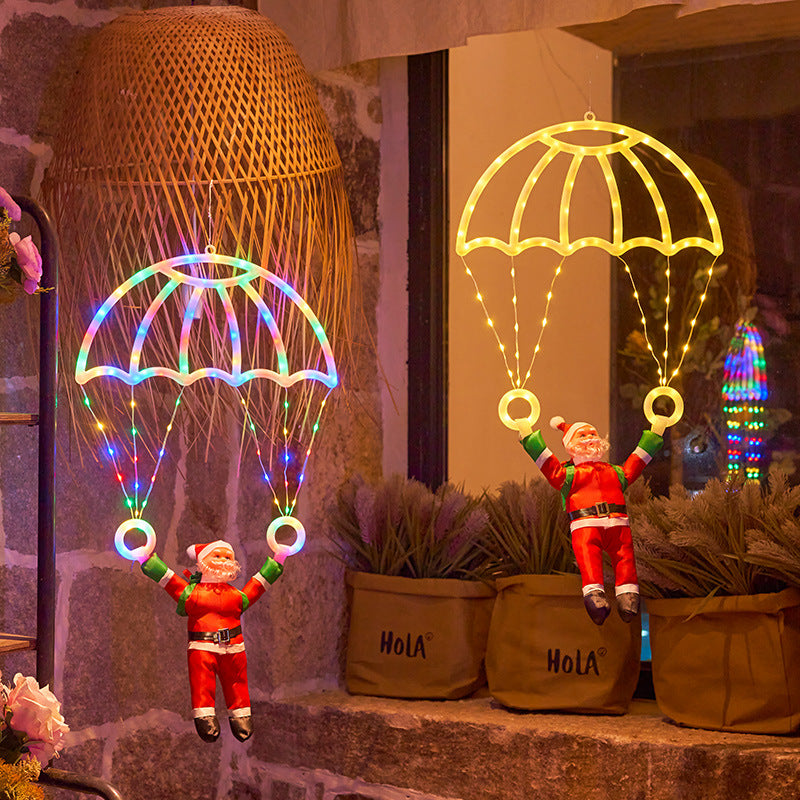 Christmas Parachute & Lantern String Lights – Santa & Snowman Leather Thread LED Window Lights for Festive Holiday Party Décor