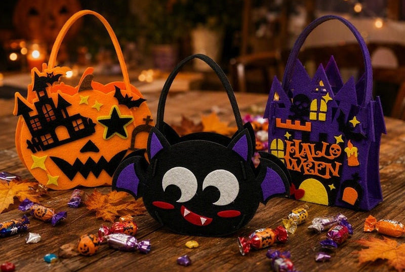 Halloween Pumpkin Candy Bag Kit – DIY Felt Treat Tote Craft Set for Kids, Kindergarten Activities, Party Favors and Handmade Holiday Fun