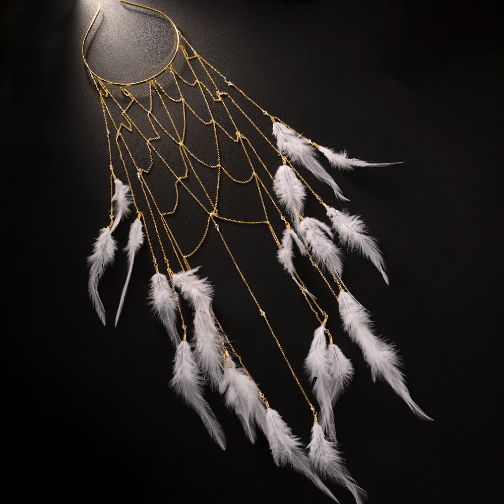 Bohemian Feather Hair Chain – Handmade Bridal Hairpiece for Weddings, Festivals and Special Events with Romantic Statement Styling and Elegant Detail