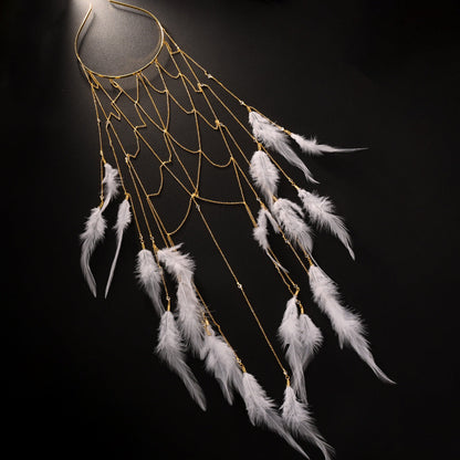 Bohemian Feather Hair Chain – Handmade Bridal Hairpiece for Weddings, Festivals and Special Events with Romantic Statement Styling and Elegant Detail