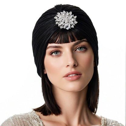 Luxury Jewel Turban Hat for Women – Gold and Silver Diamond Pleated Headwear for Chemo, Hijab, and Elegant Cultural Styling