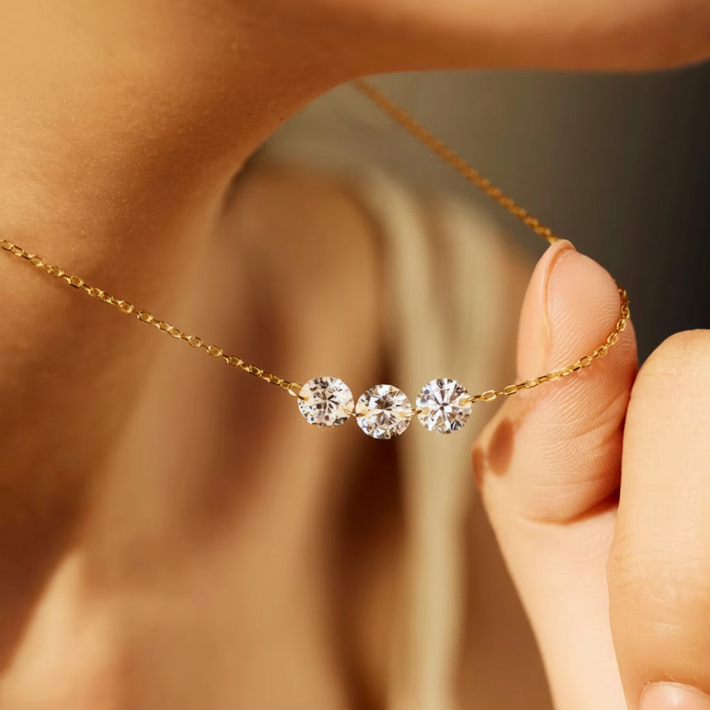 Genuine S925 Silver Zircon Necklace – Three Sparkling Stones with Adjustable Sliding Length for Minimalist Luxury Styling and Elegant Men’s or Women’s Jewelry
