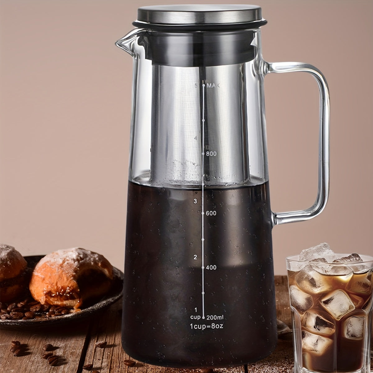 Cold Brew Coffee Maker – 1L Glass Carafe with Stainless Steel Filter for Smooth Iced Coffee, Cold Tea Brewing and Easy Home Serving