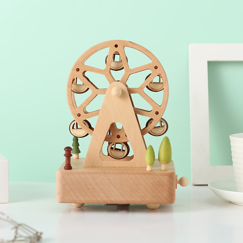 Ferris Wheel Wooden Music Box – Mini Beech Wood Handcrafted Musical Gift for Christmas, Birthdays, Valentine’s Day with Square Base Ornament Design