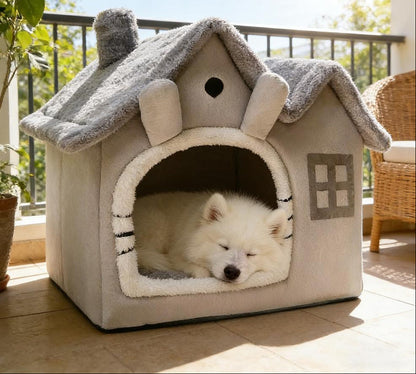 Foldable Double-Roof Dog House – Warm Small Pet Kennel with Bed Mat for Puppies and Cats, Cozy Winter Indoor Rest