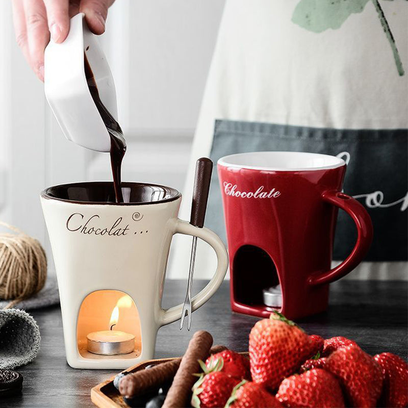 Ceramic Chocolate Fondue Cup – 130ml European Style Heating Mug with Fork for Cheese, Coffee, and Party Desserts