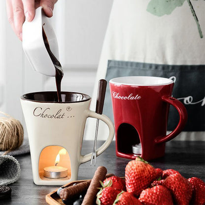 Ceramic Chocolate Fondue Cup – 130ml European Style Heating Mug with Fork for Cheese, Coffee, and Party Desserts