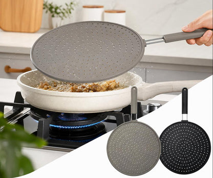 Silicone Kitchen Splatter Screen – Heat-Resistant Oil Splash Guard with Handle and Drain Board Function for Safer, Cleaner Frying and Cooking