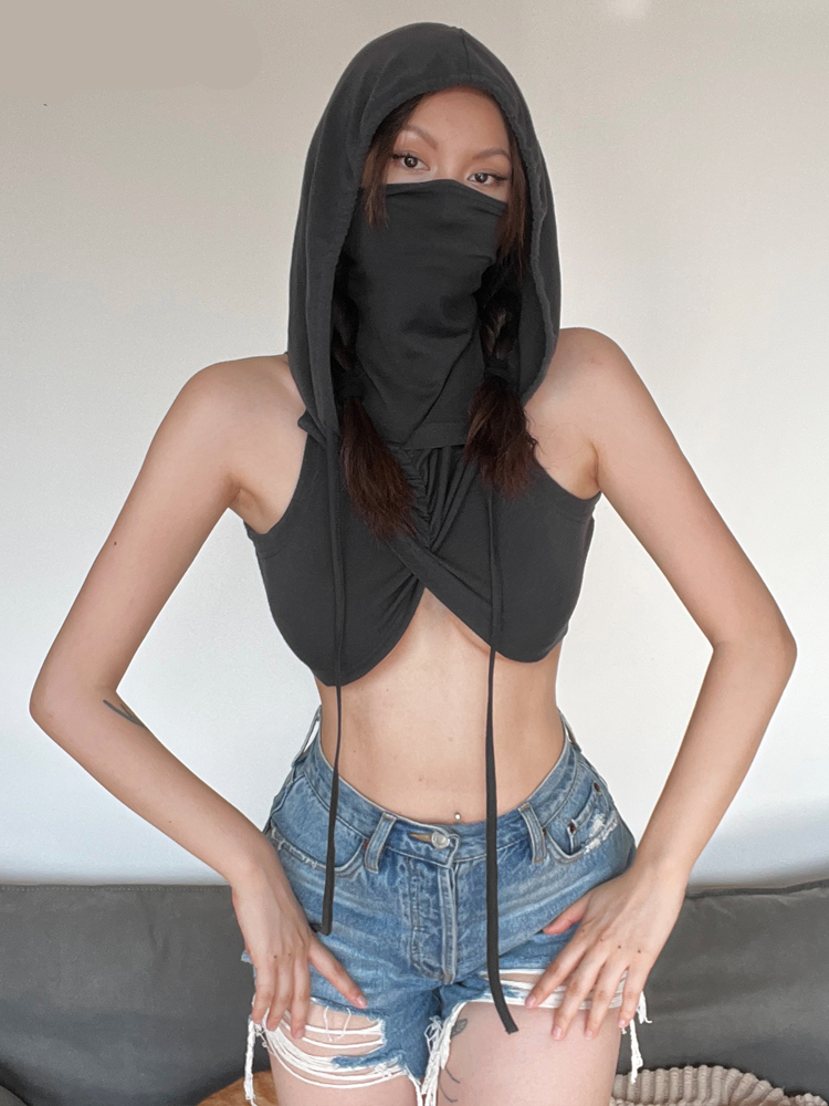 Sylcue Mysterious Grey Hooded Vest – Sexy High Street Fashion Sleeveless Top for Summer Travel and Personality Driven All-Match Casual Women’S Wear