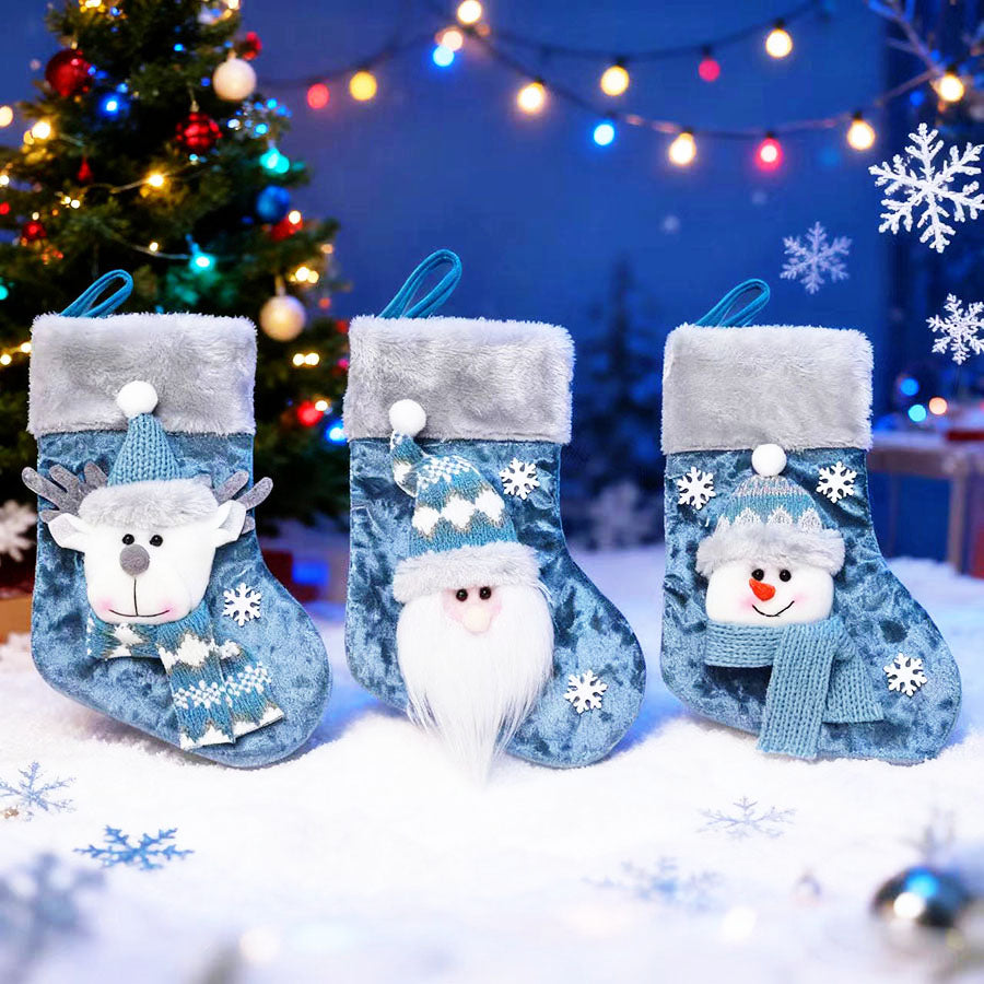 Blue Christmas Socks Party Set – Reindeer, Santa & Snowman Doll Gift Bags for Holiday Parties, Xmas Decorations, Festive Supplies & New Year Gifts