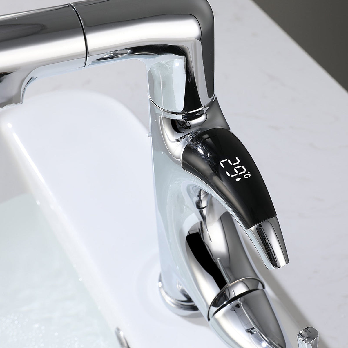 LED Temperature Display Kitchen Faucet – Mechanical Arm Mixer with Pull-Out Sprayer, Adjustable Height and Dual Water Modes for Modern Sinks