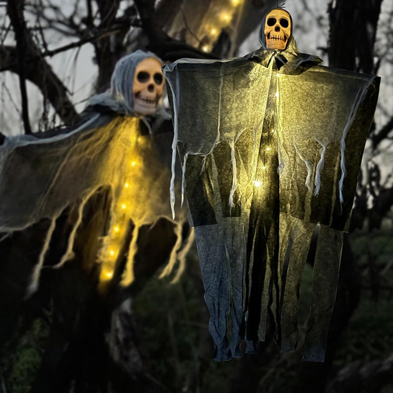 Lighted Hanging Ghost Decoration – Halloween Skull Skeleton Gauze Ornament for Gardens, Homes and Outdoor Party Scenes with Spooky Built-In Illumination