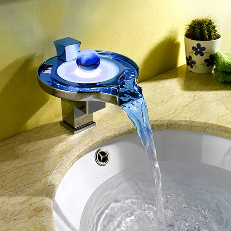 RGB LED Bathroom Basin Faucet – Brass Waterfall Sink Mixer Tap with Hot and Cold Water Control