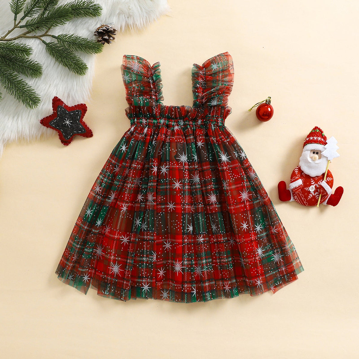 Girls’ Princess Mesh Tulle Dress–Sleeveless Candy Cane or Plaid Print Christmas Outfit for Toddlers, Infants & Holiday Parties