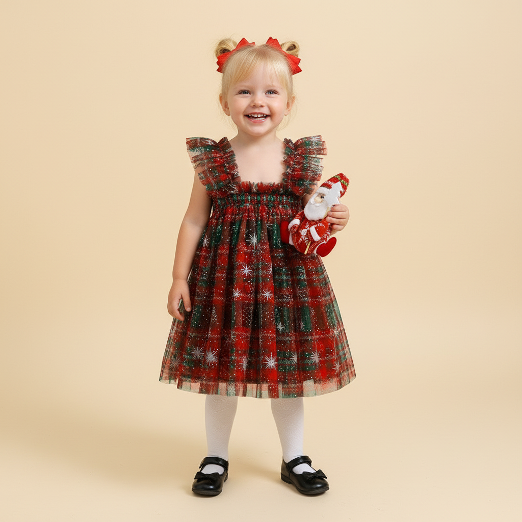 Girls’ Princess Mesh Tulle Dress–Sleeveless Candy Cane or Plaid Print Christmas Outfit for Toddlers, Infants & Holiday Parties