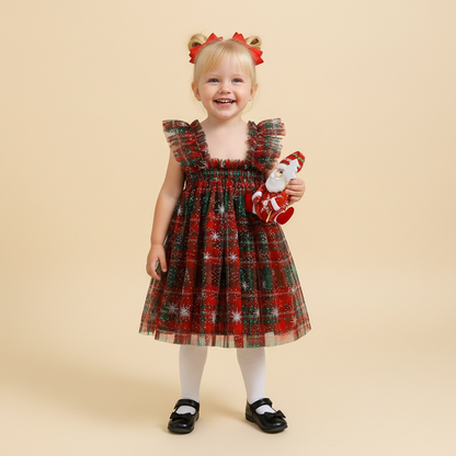 Girls’ Princess Mesh Tulle Dress–Sleeveless Candy Cane or Plaid Print Christmas Outfit for Toddlers, Infants & Holiday Parties