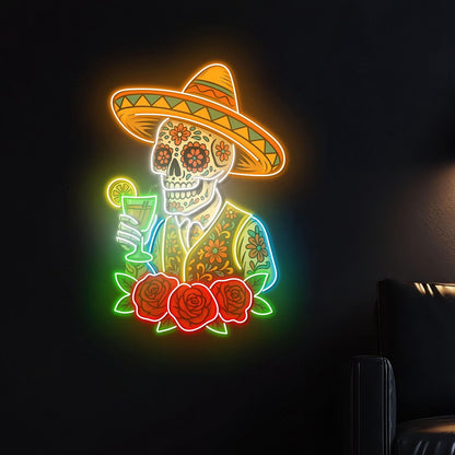 Mexican Skeleton Cocktail Neon Sign – Tequila Lounge and Bar Wall Decor for Martini Lovers, Parties and Bold Southwestern Nightlife Ambience