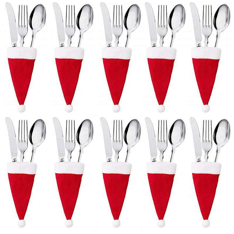 Christmas Tableware Cutlery Bag Set – 1–30PCS Santa Hat Knife & Fork Holders for Holiday Dinner Decor, Festive Table Settings, and Party Ornaments
