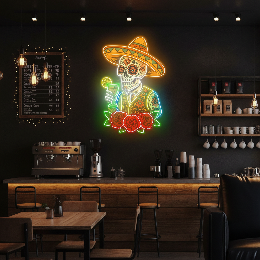 Mexican Skeleton Cocktail Neon Sign – Tequila Lounge and Bar Wall Decor for Martini Lovers, Parties and Bold Southwestern Nightlife Ambience