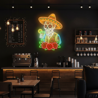 Mexican Skeleton Cocktail Neon Sign – Tequila Lounge and Bar Wall Decor for Martini Lovers, Parties and Bold Southwestern Nightlife Ambience