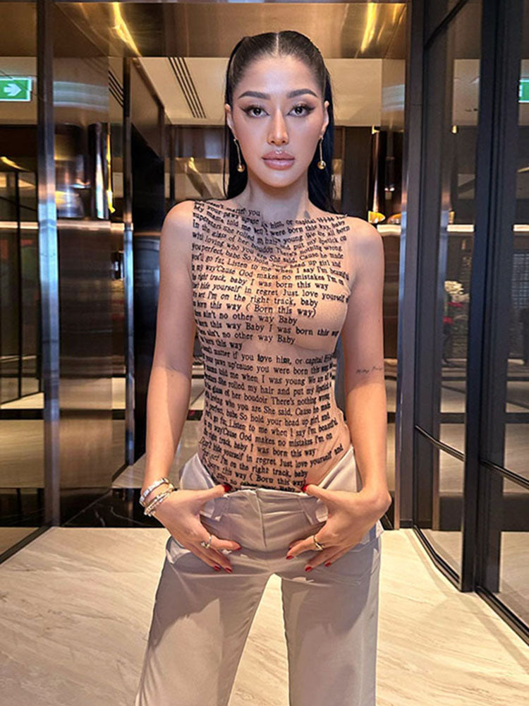 Women’s Sexy Mesh Sleeveless Tank – Slim Round Collar Top with Artistic Print for Fashion-Forward Hipster Summer Styling
