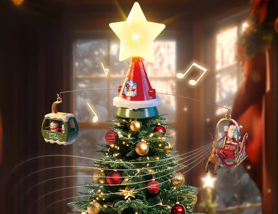 Rotating Christmas Tree Top Hat Ornament – Musical LED Santa Sled Topper with Type-C Power, Perfect 2026 Holiday Decoration for Kids & Adults