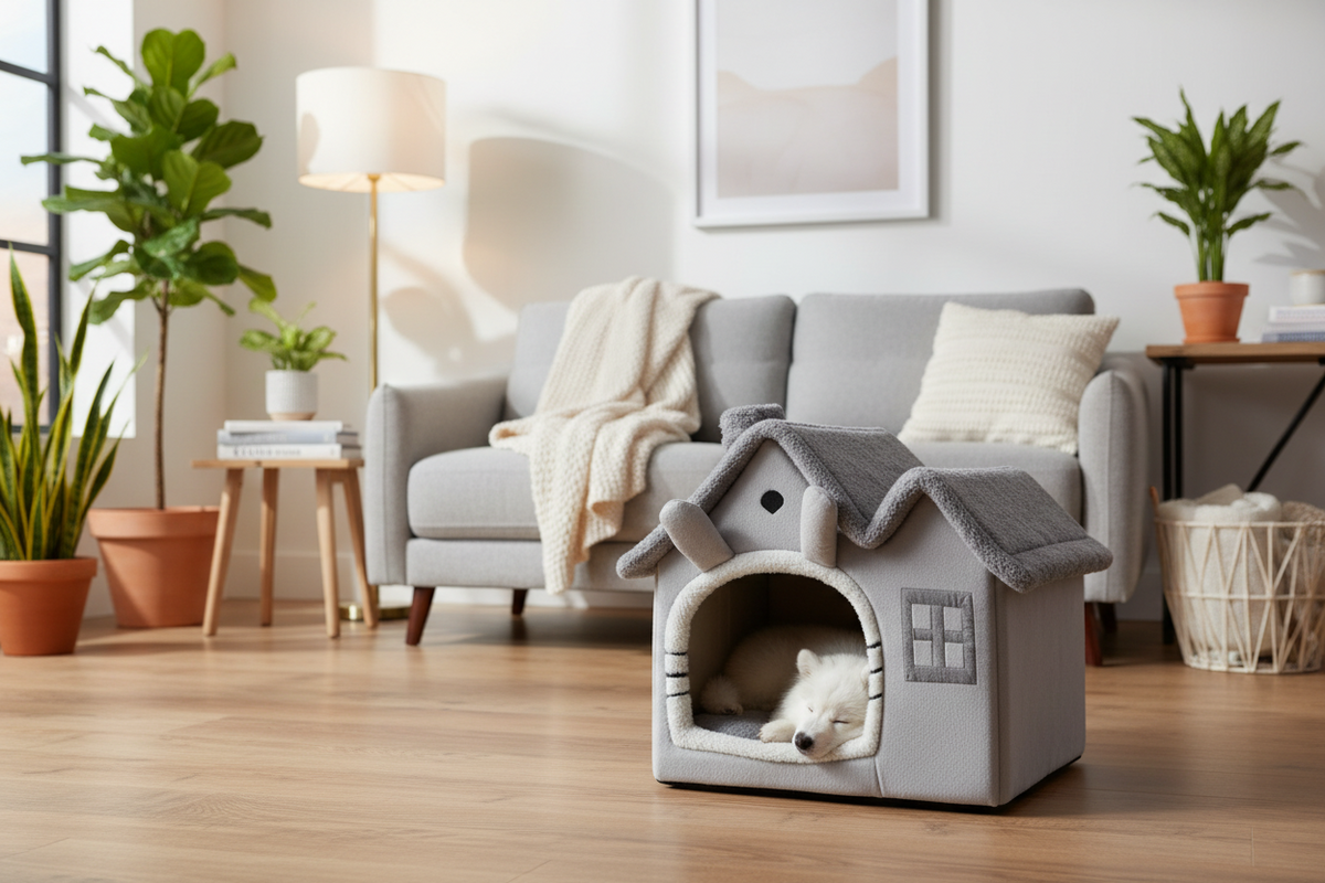 Foldable Double-Roof Dog House – Warm Small Pet Kennel with Bed Mat for Puppies and Cats, Cozy Winter Indoor Rest