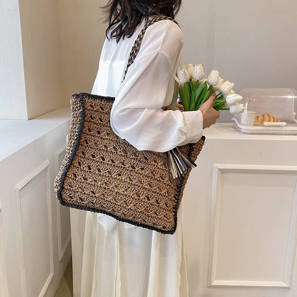 Boho Woven Straw Beach Tote Bag – Rattan Summer Handbag with Tassel Handles for Vacation and Daily Chic Looks