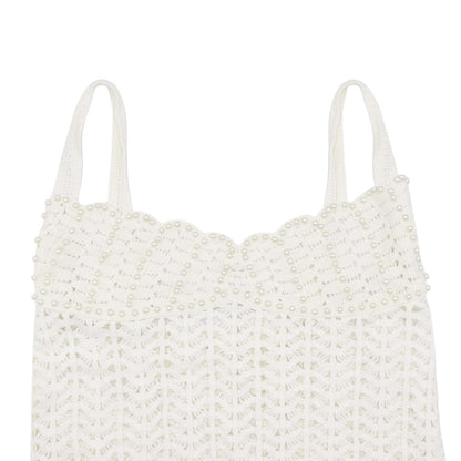 Elegant Crochet Pearl Beach Dress – Hollow-Out Seaside Suspender Cover-Up for Summer Holidays and Resort Wear