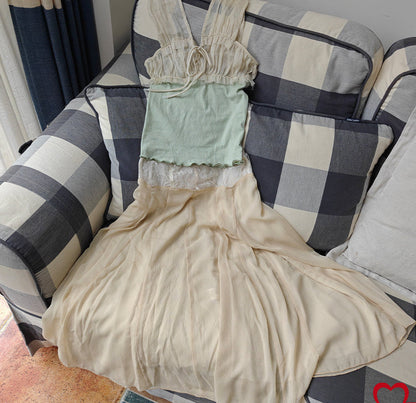 Elegant Summer Skirt Set – V-Neck Wide-Strap Top with Wavy Hem and Lace-Waist Midi Skirt for Chic Women’s Co-Ord Styling
