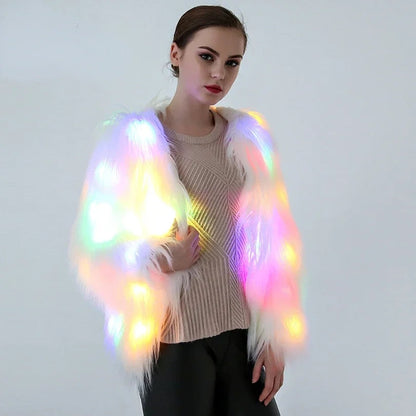 Women’s Faux Fur LED Cosplay Coat – Light-Up Multicolor Valentine Hoodie Vest, Warm Party Jacket for Festivals, Dance Events & Night Shows