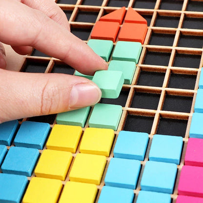 Colorful Wooden Mosaic Puzzle – 370-Piece Colorful Shape Pattern Pixel Board STEM Toy for Kids